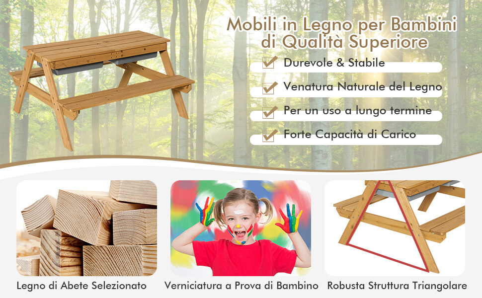 Tavolo da picnic per bambini con ombrello, Set di tavolo e panca in legno con cuscini per