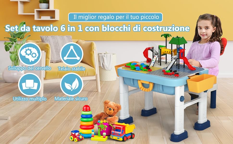 Set tavolo costruzioni 6 in 1 per bambini con 3 altezze regolabili, Set  tavolo e sedia attività con blocchi - Costway