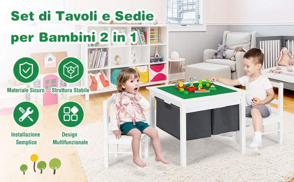 COSTWAY Set Tavoli per Bambini in Legno - Tavolino Bambini, Sgabelli,  Lavagna Cassetti e Contenitore, Scrivania Tavolino Multiuso, Beige