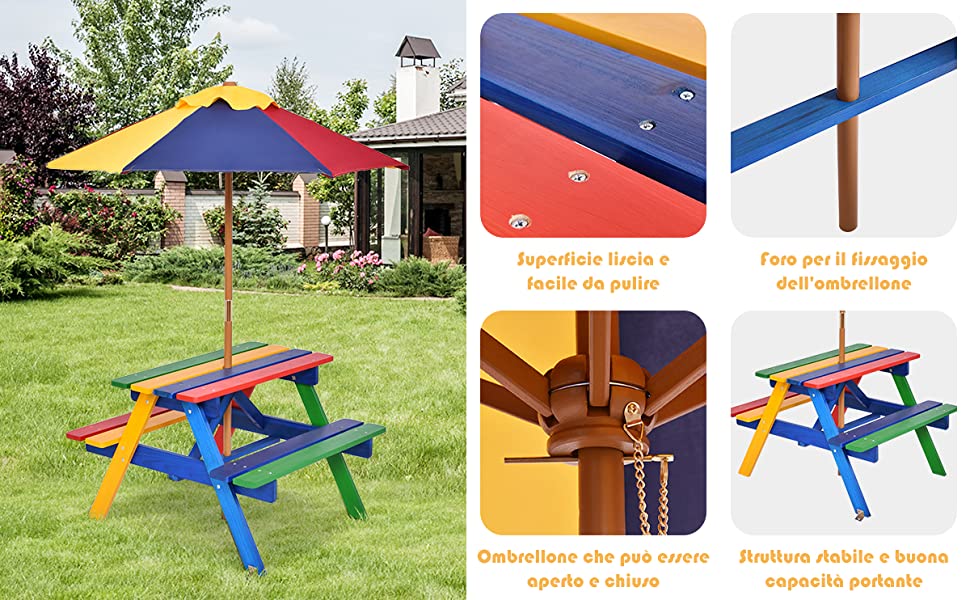 Tavolo Da Picnic Per Bambini 3 In 1 Con Ombrellone Panche E Piano Tavolo Rimovibile 88734335