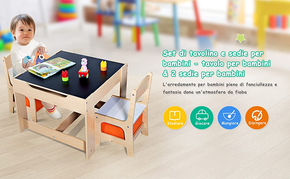 Set tavolo con 2 sedie per bambini in legno Set di 3 pezzi mobili per bimbi  62x62x48cm Naturale - Costway