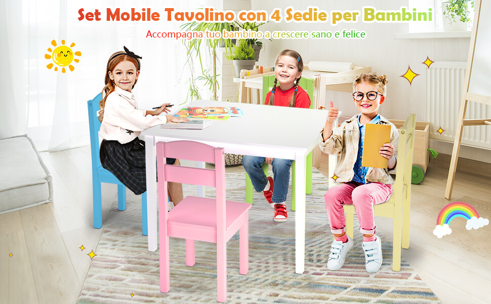 Set tavolo e 4 sedie per bambini in legno Set mobili 5 pezzi per bimbi da  gioco 66x56x48cm Colorato/Legno - Costway
