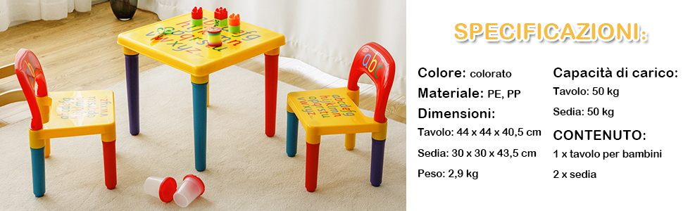Set Mobili Tavolo e Sedie per Bambini Gioco Tavolino con 2