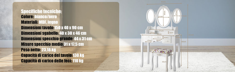 Set Tavolo da Toeletta Bianco Lucido con LED Legno Multistrato