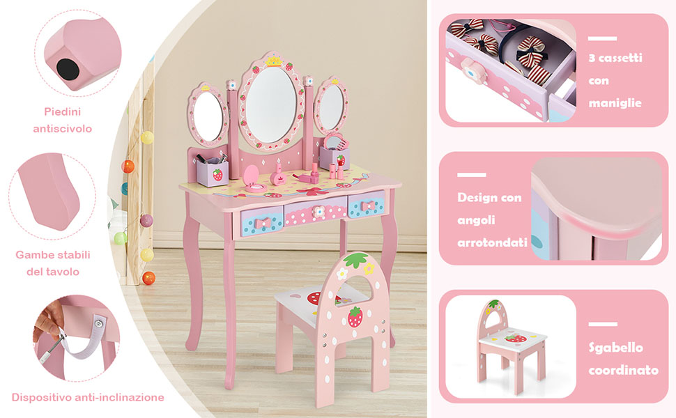 Set toeletta con specchio per bambini 3-7 anni, Tavolo con cassetti e  sgabello imbottito 70x34x101cm Rosa - Costway