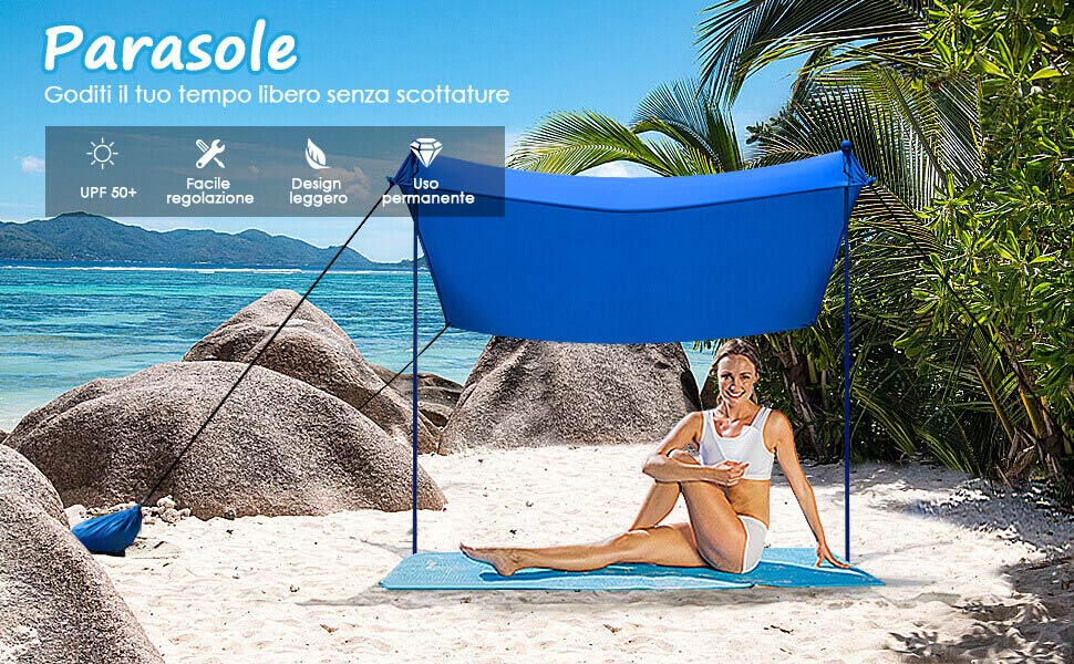 Tenda da spiaggia in lycra con borsa di trasporto e 4 sacchi di sabbia,  Tenda leggero per campeggio e pesca 3x2,8m Blu - Costway