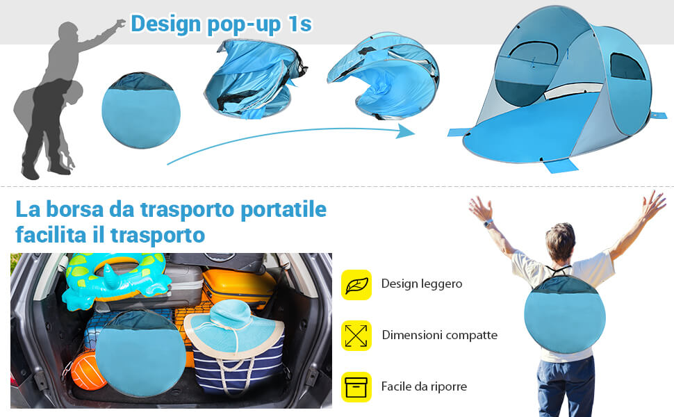 AKTIVE Tenda da spiaggia pop-up blu e verde, protezione solare UV50, design semi-chiuso con ventilazione, struttura pieghevole leggera, 130x130x110 cm, borsa per il trasporto (62165