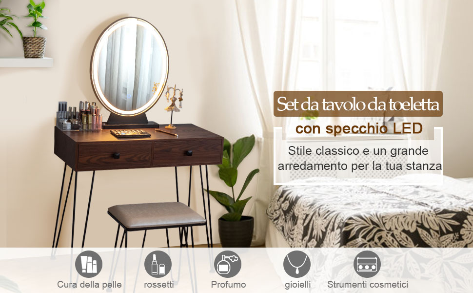 Costway Set toeletta di legno con specchio ovale girevole a 360°, Set  tavolo e sedia trucco per camera da letto Bianco>