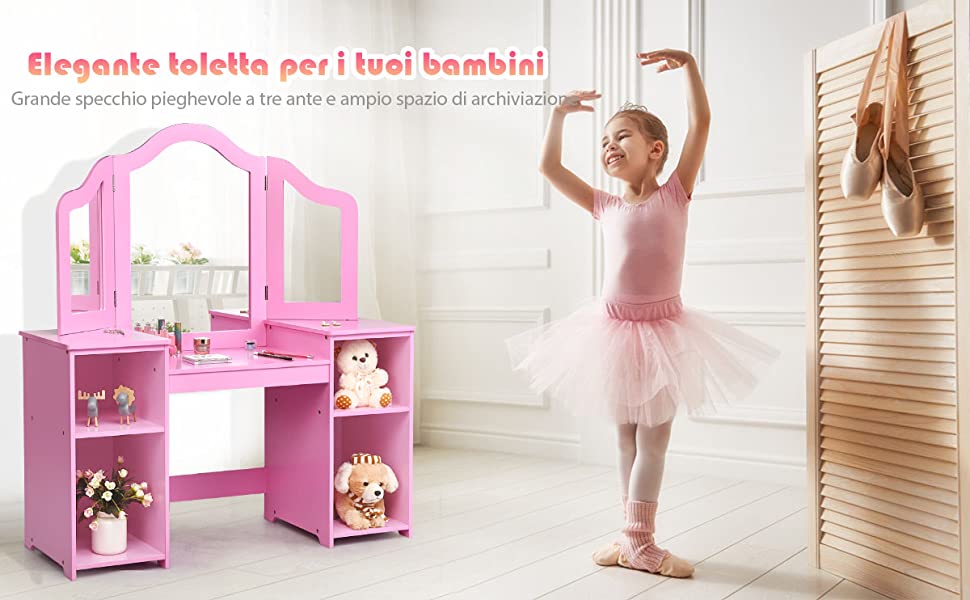 Toeletta design smontabile 2 in 1 per bambini, Toeletta make-up principessa  con 4 mensole grandi e specchio Rosa - Costway