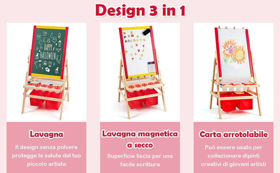 LIFEZEAL Lavagna 3 in 1 per bambini, cavalletto con lavagna a due lati, lavagna con 2 ripiani, lavagna bianca e gesso e rotolo di carta, lavagna con 2 scatole portaoggetti, tavolo magnetico