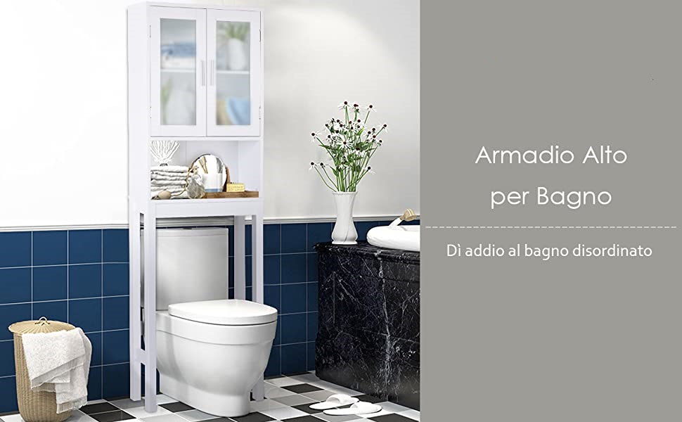Scaffale sopra il WC con 3 scomparti Scaffale per bagno in MDF Lavanderia  salvaspazio 170x57,5x19cm Bianco - Costway
