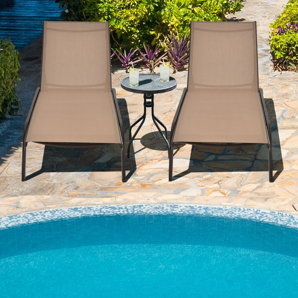 Costway 2*Chaise longue regolabile per piscina cortile giardino, Sedia a sdraio per cortile con ruote e tessuto ad asciugatura rapida Marrone