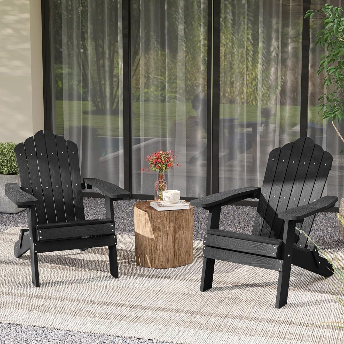 Costway 2*Sedia adirondack pieghevole in acciaio inossidabile per giardino, Sedia da patio in hips con braccioli larghi Nero