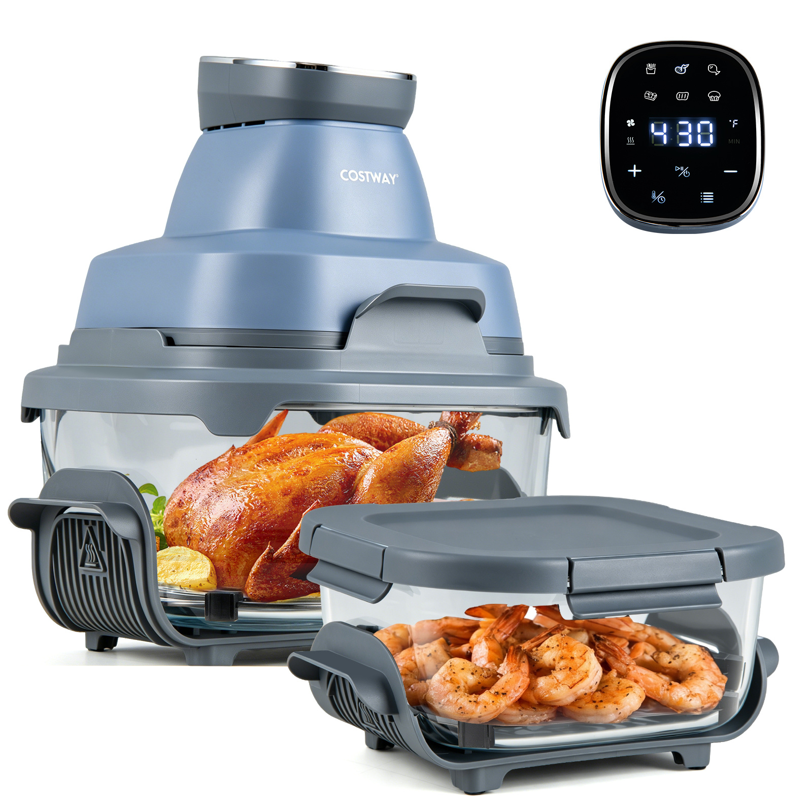 Costway 4 L Friggitrice ad aria portatile con 2 griglie 2 contenitori vetro con coperchio forno ad aria calda, Friggitrice elettrica 1500 W Blu