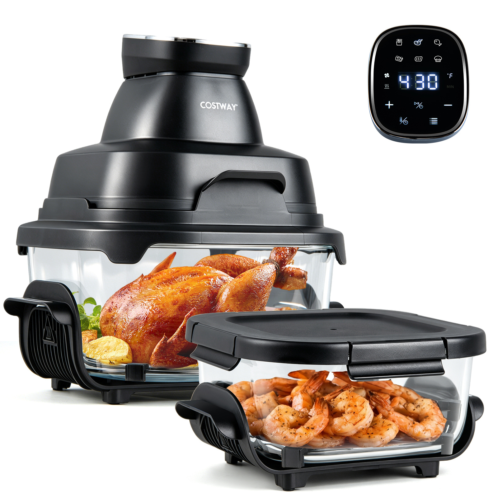 Costway 4 L Friggitrice ad aria portatile con 2 griglie 2 contenitori vetro con coperchio forno ad aria calda, Friggitrice elettrica 1500 W Nero