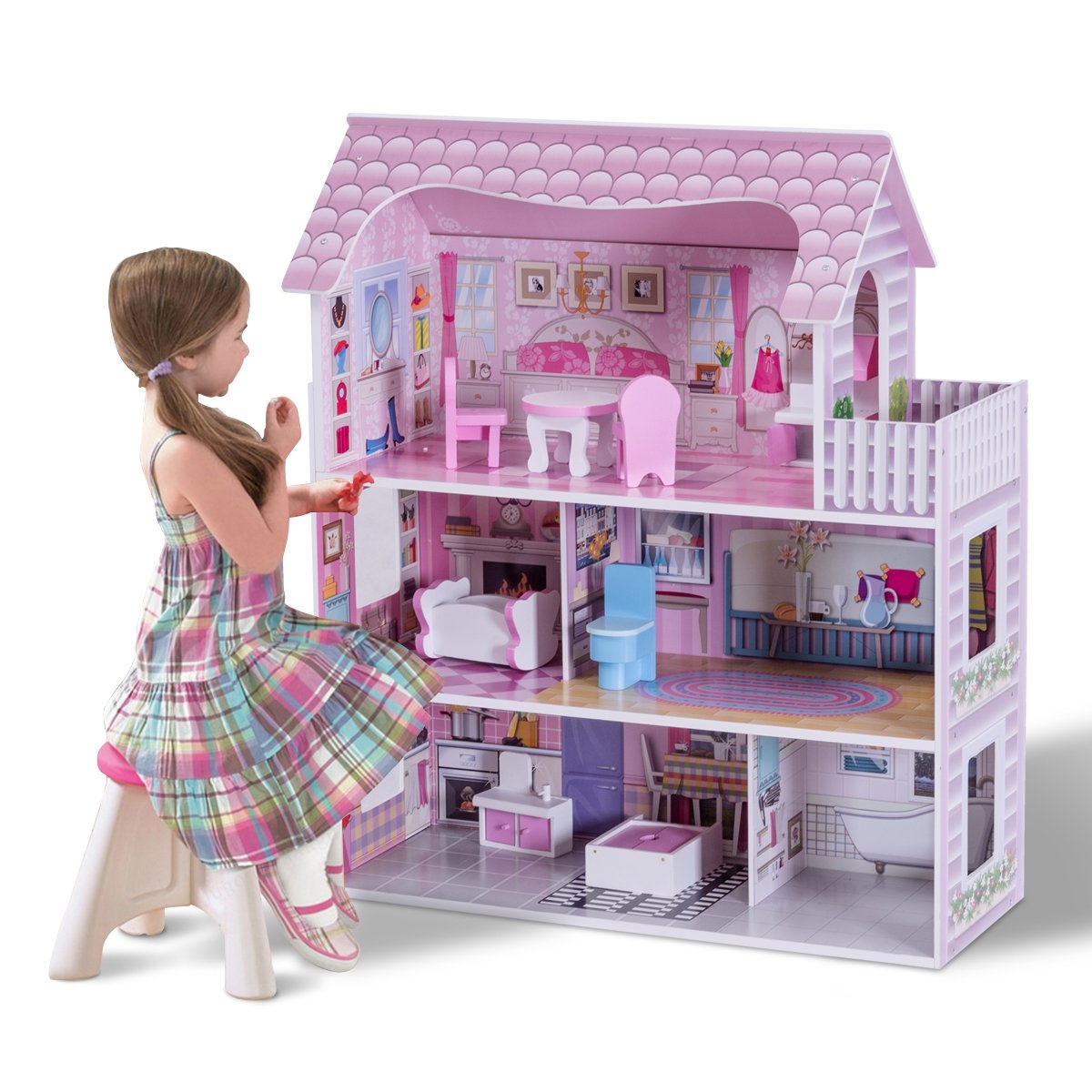 Costway Casa delle bambole in legno per bambina Casa giocattolo dei bambini 3 piani con mobili e accessori 61x26,5x71cm