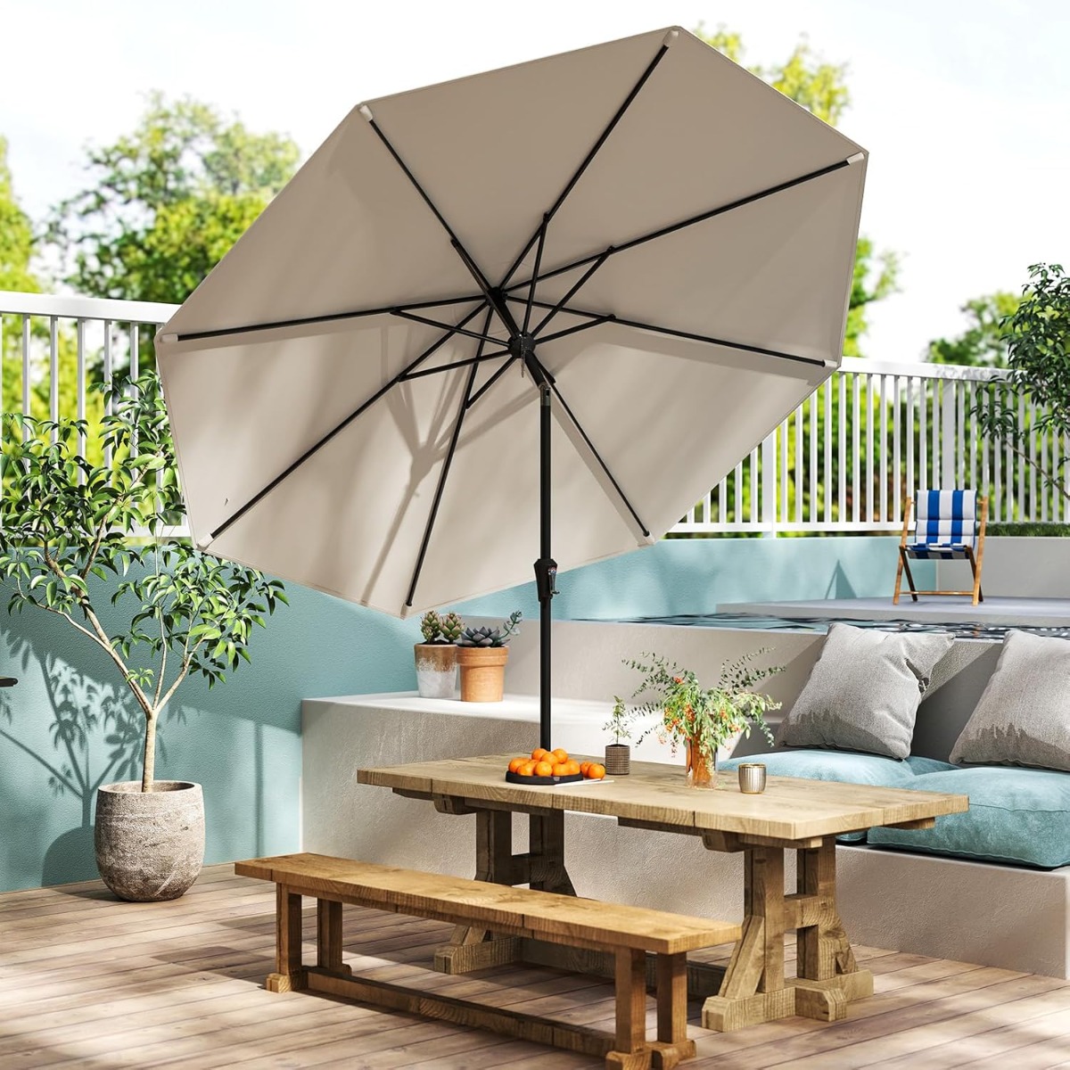 Costway Ombrellone da esterno con inclinazione a pulsante manovella per tavolo da patio, Ombrellone da giardino 270 cm Beige
