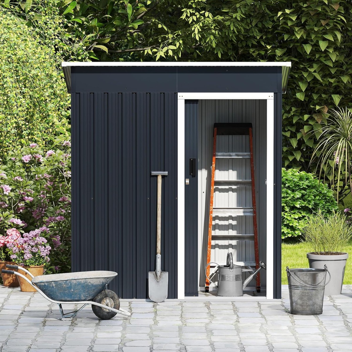 Costway Casetta da giardino esterno, Casetta da giardino in ferro colorato resistente a tutti i climi 163 x 86 CM Grigio