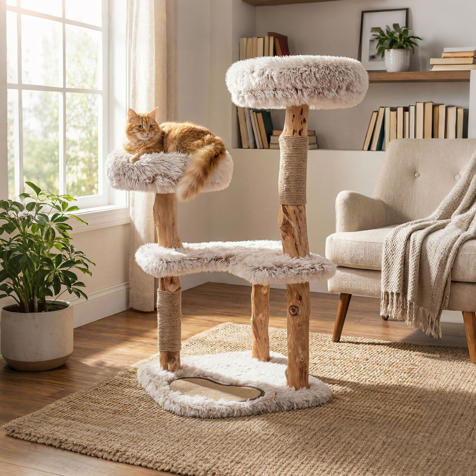 Costway Albero gatti legno massiccio rami naturali 2 appoggi imbottiti tiragraffi tappetino, Albero gatti cuscini peluche rimovibili boho gattini