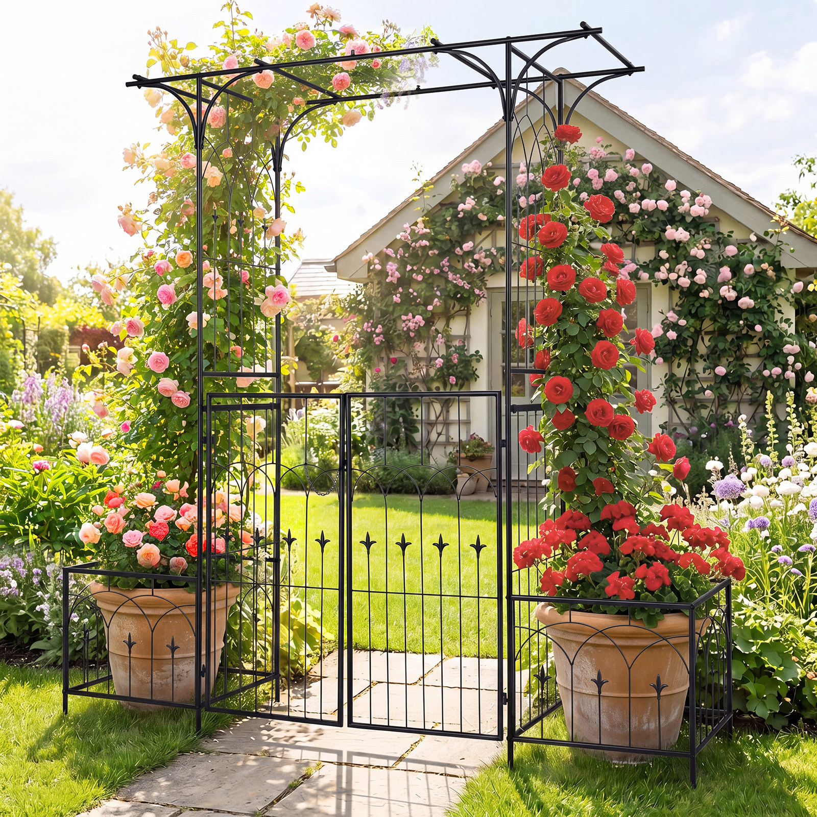 Costway Arco da giardino in metallo con porte e fioriere, Traliccio pergolato decorativo per piante rampicanti vite e rose