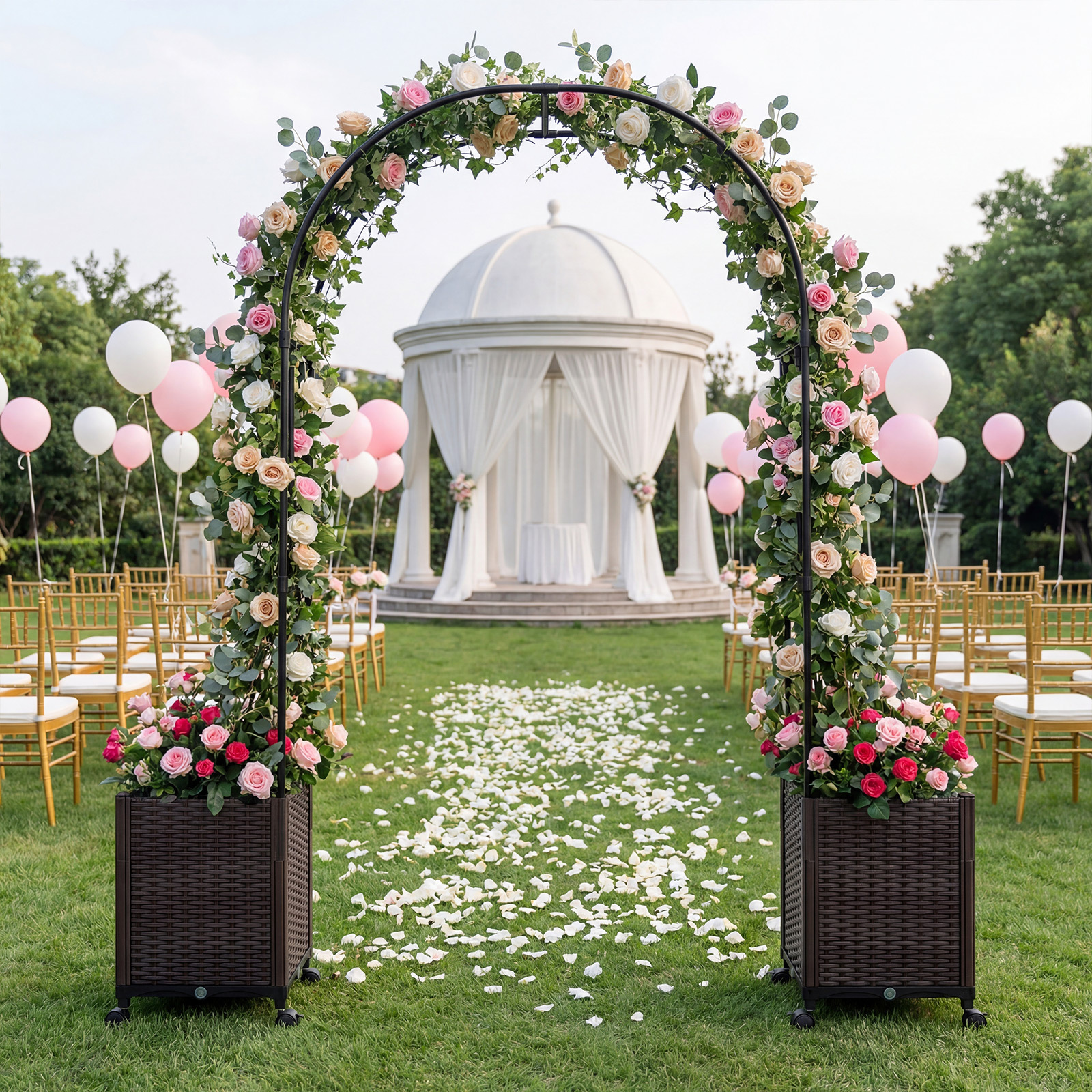 Costway Arco per piante rampicanti da giardino con 2 fioriere in pp e 4 ruote universali con freni, Traliccio pergola in metallo decorazione esterno