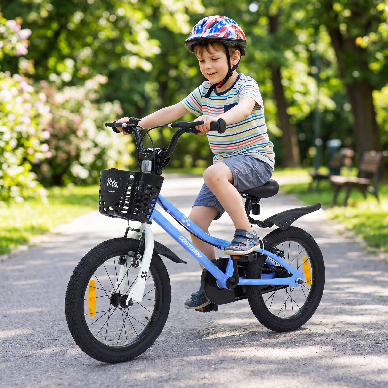 Costway Bicicletta per bambini regolabile in altezza, Bicicletta sportiva con stabilizzatore cestino rimovibile e freno a v Blu per bambini 4-7 anni