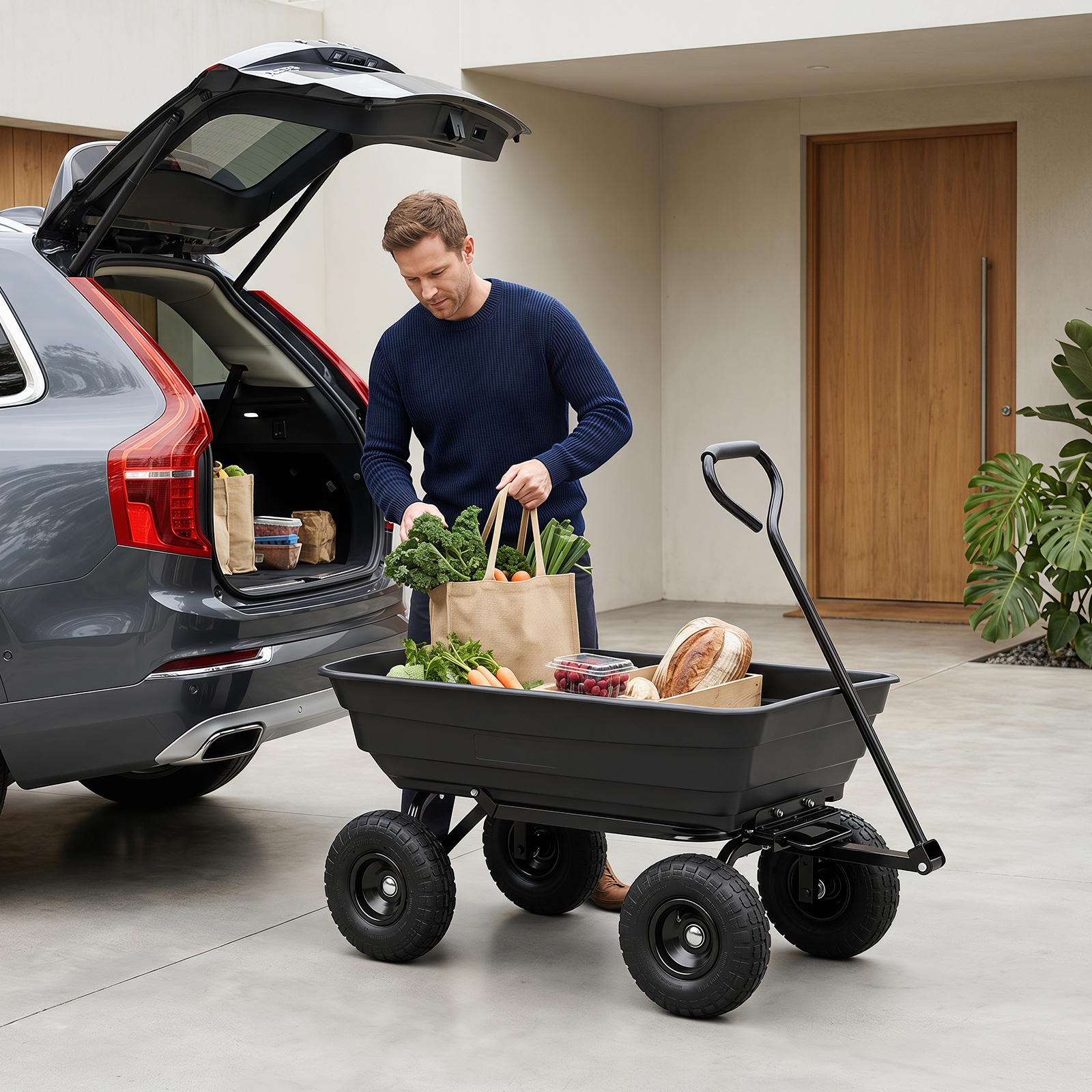 Costway Carriola da giardino con 4 ruote pneumatiche manico regolabile e impugnatura morbida, 75 L Carrello ribaltabile portata 300 kg