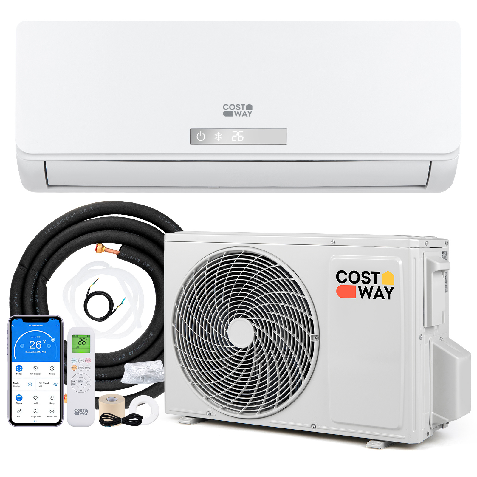 Costway Condizionatore inverter monosplit raffrescamento riscaldamento deumidificazione ventola, Climatizzatore 12000 btu r32 a++ silenzionso 19 db