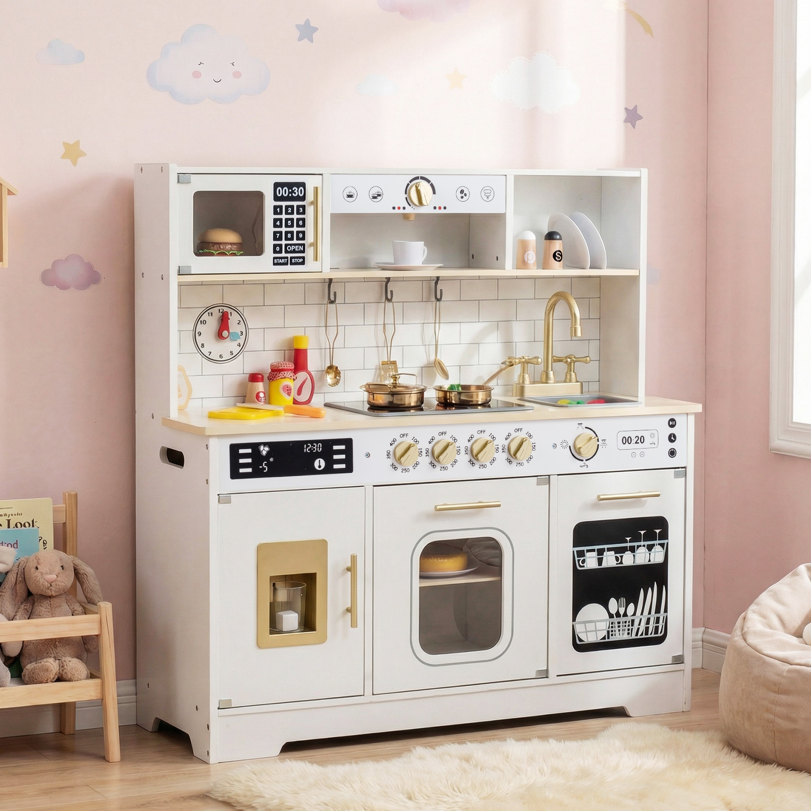 Costway Cucina bambini in legno cucina giocattolo con che si illumina, Cucina giocattolo set da gioco di chef per bambini 3+ anni Bianco