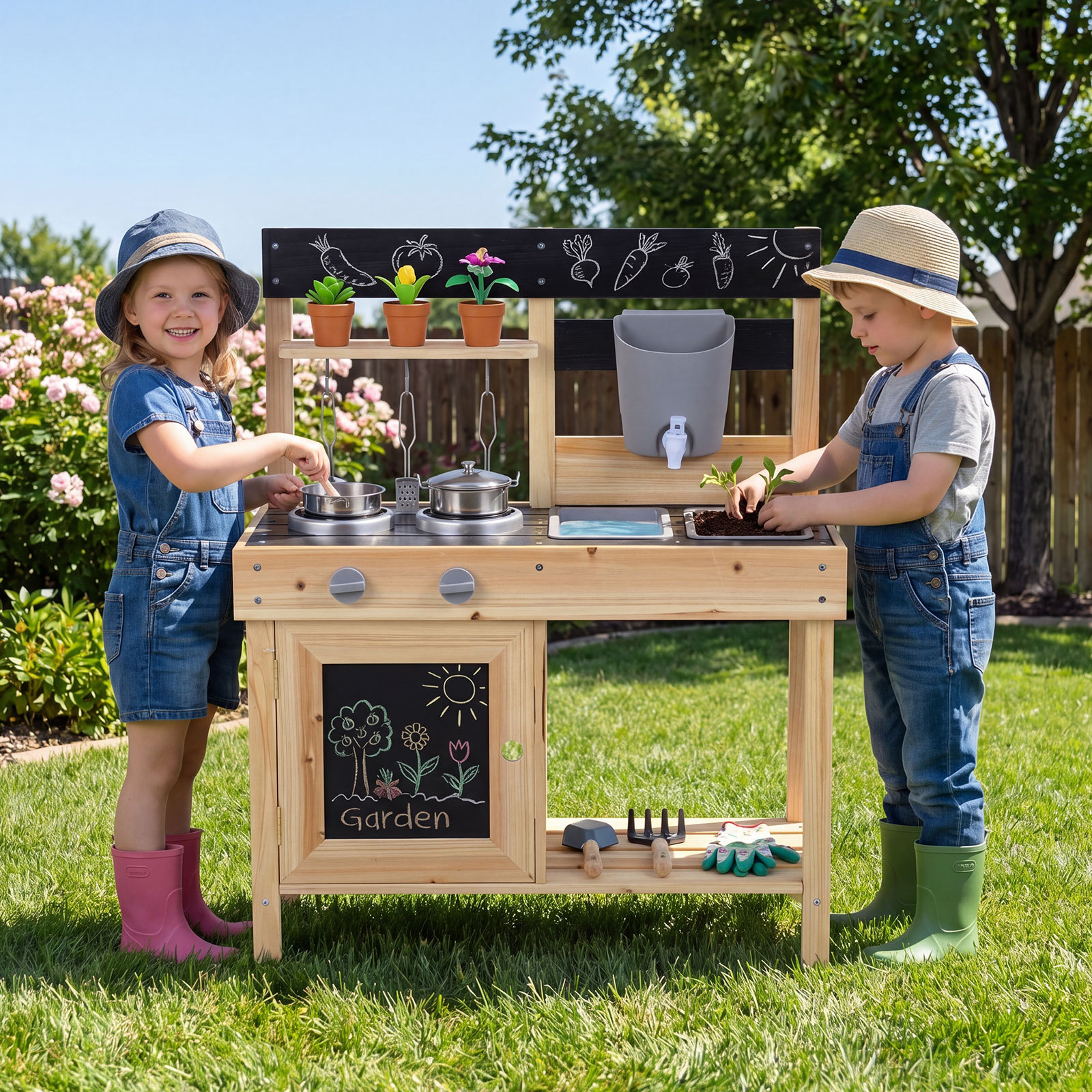 Costway Cucina giocattolo da esterno per bambini in legno massello, Cucinetta per giocare sabbia con lavagne lavandini serbatoio d'acqua utensili