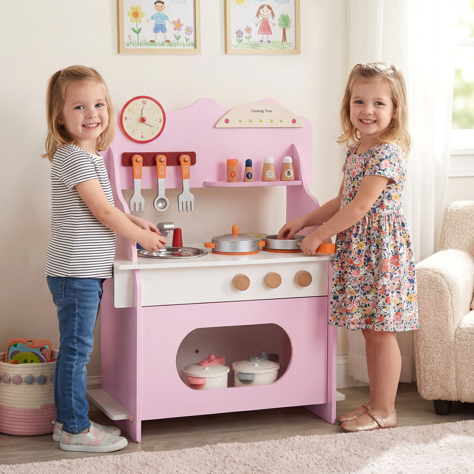 Costway Cucina giocattolo legno bambini finzione orologio fornello porta spezie, Cucina rubinetto lavandino forno accessori completi bambini 3+anni