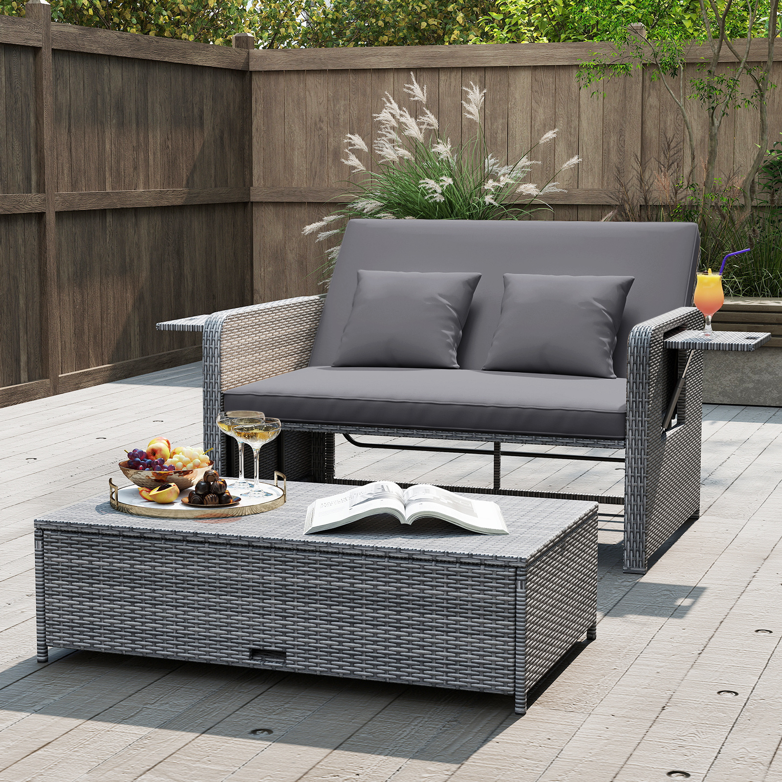 Costway Divano letto in rattan per patio con schienale regolabile e tavolini pieghevoli, Set 2 pezzi con divanetto e pouf per giardino e piscina