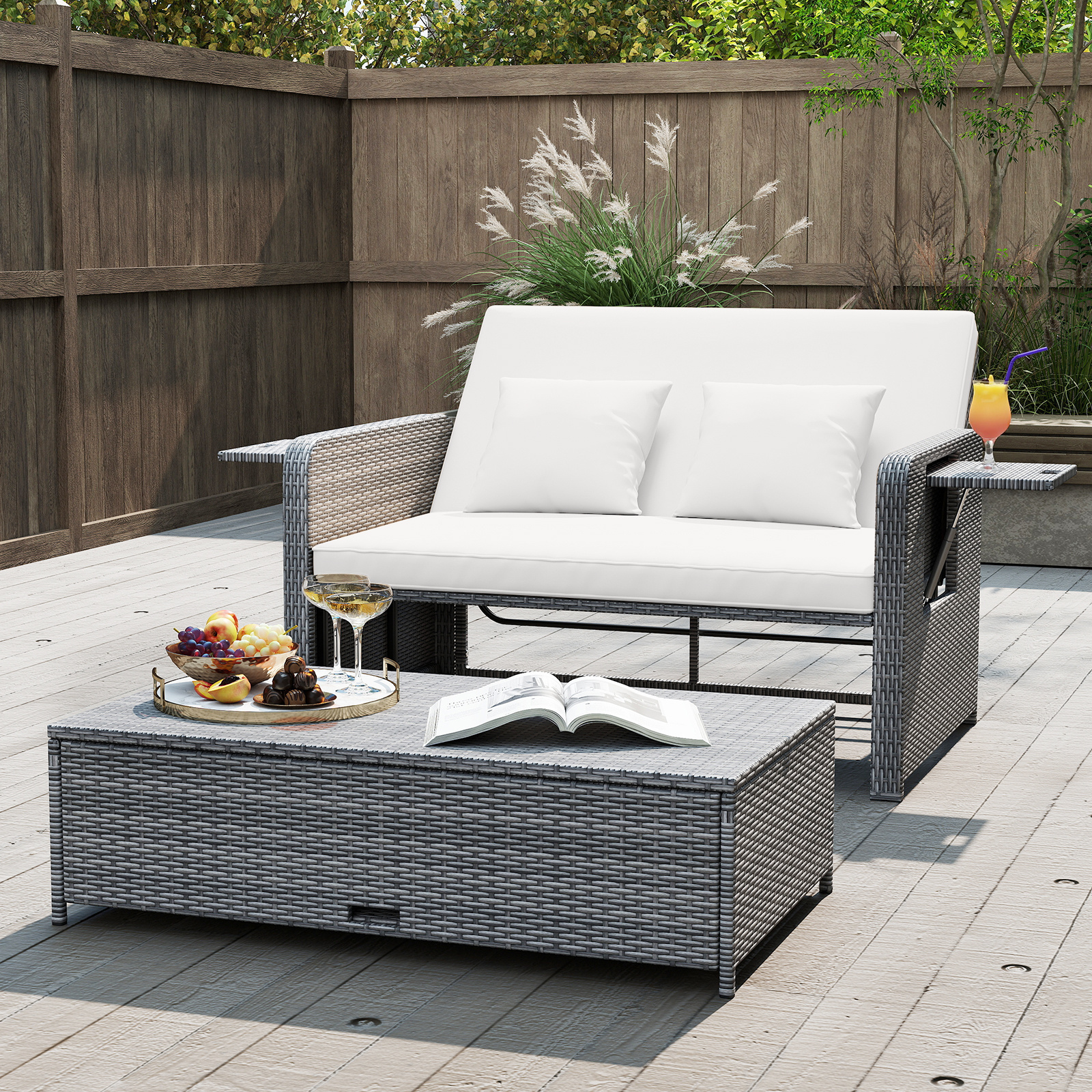 Costway Divano letto in rattan per patio con schienale regolabile e tavolini pieghevoli, Set 2 pezzi con divanetto e pouf per giardino e piscina