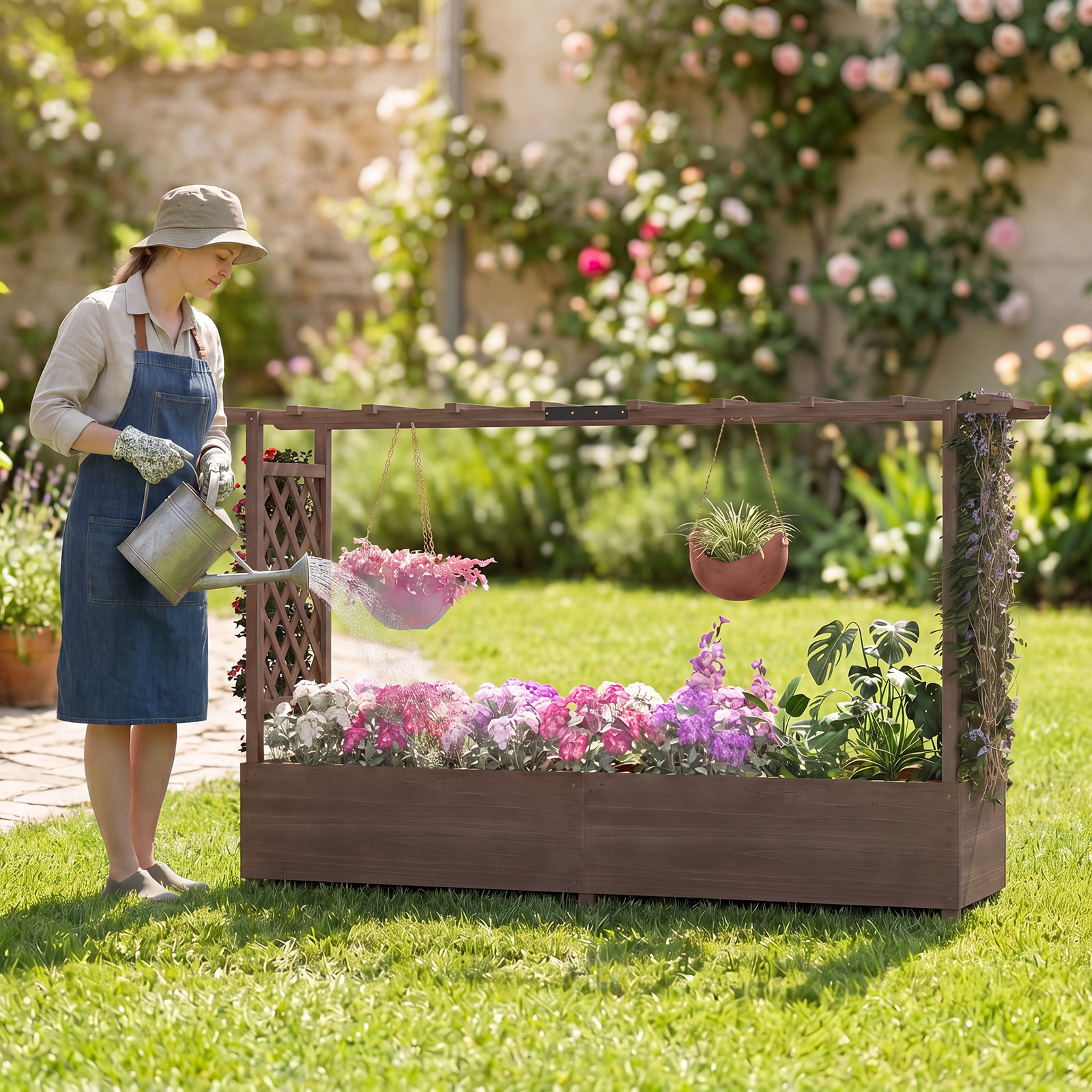 Costway Fioriera rialzata con traliccio tettoia e fori di drenaggio, Letto da giardino rialzato in legno per fiori verdure erbe e piante rampicanti