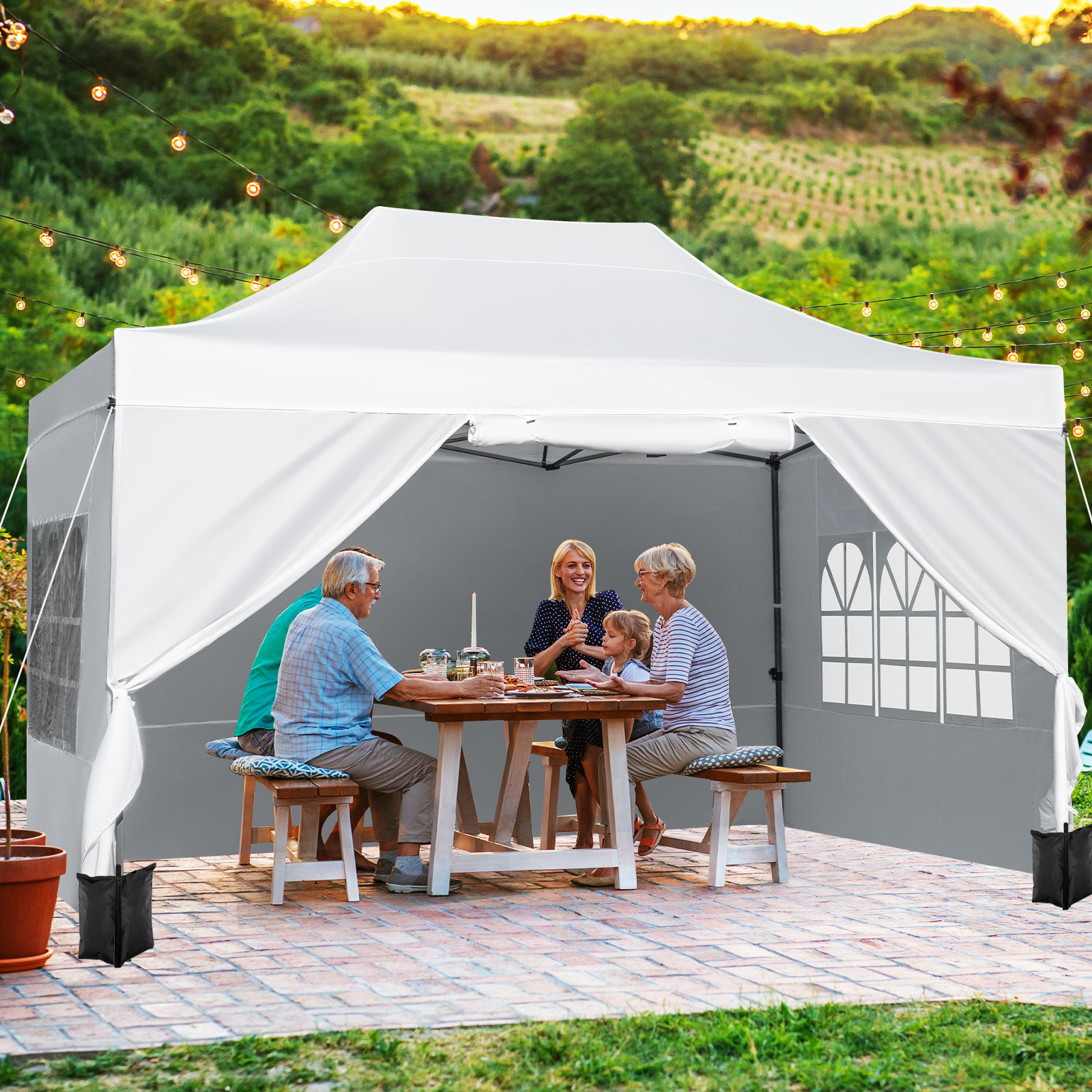 Costway Gazebo da giardino 3 x 4,5 m con 4 pareti laterali removibili, Gazebo da esterno pieghevole altezza regolabile Bianco