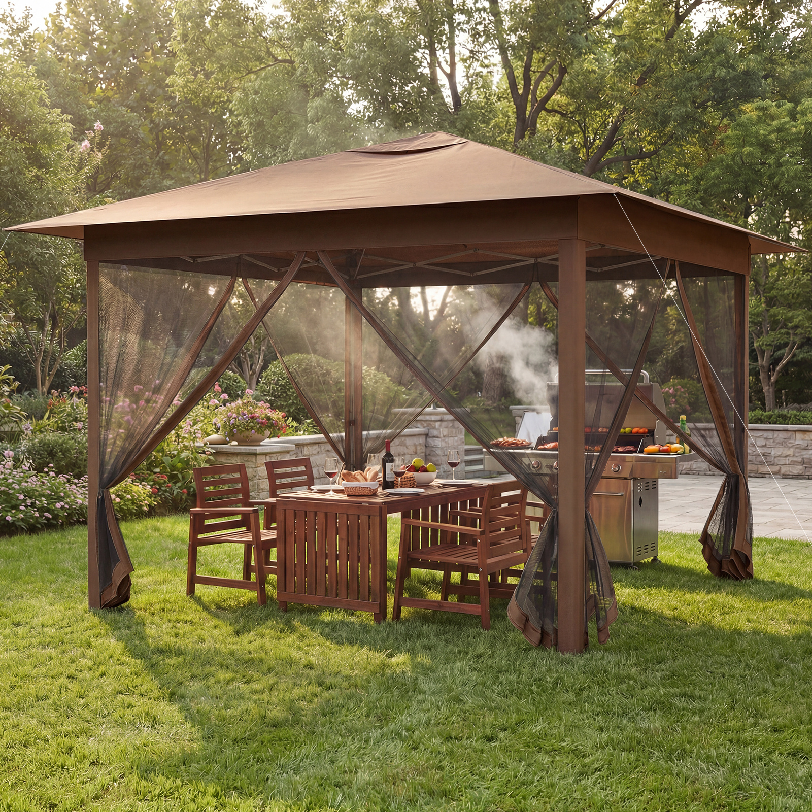 Costway Gazebo pieghevole 3 x 3 m con telo in oxford e 4 lati in rete, Gazebo da giardino perfetto per campeggio e feste all’aperto Marrone