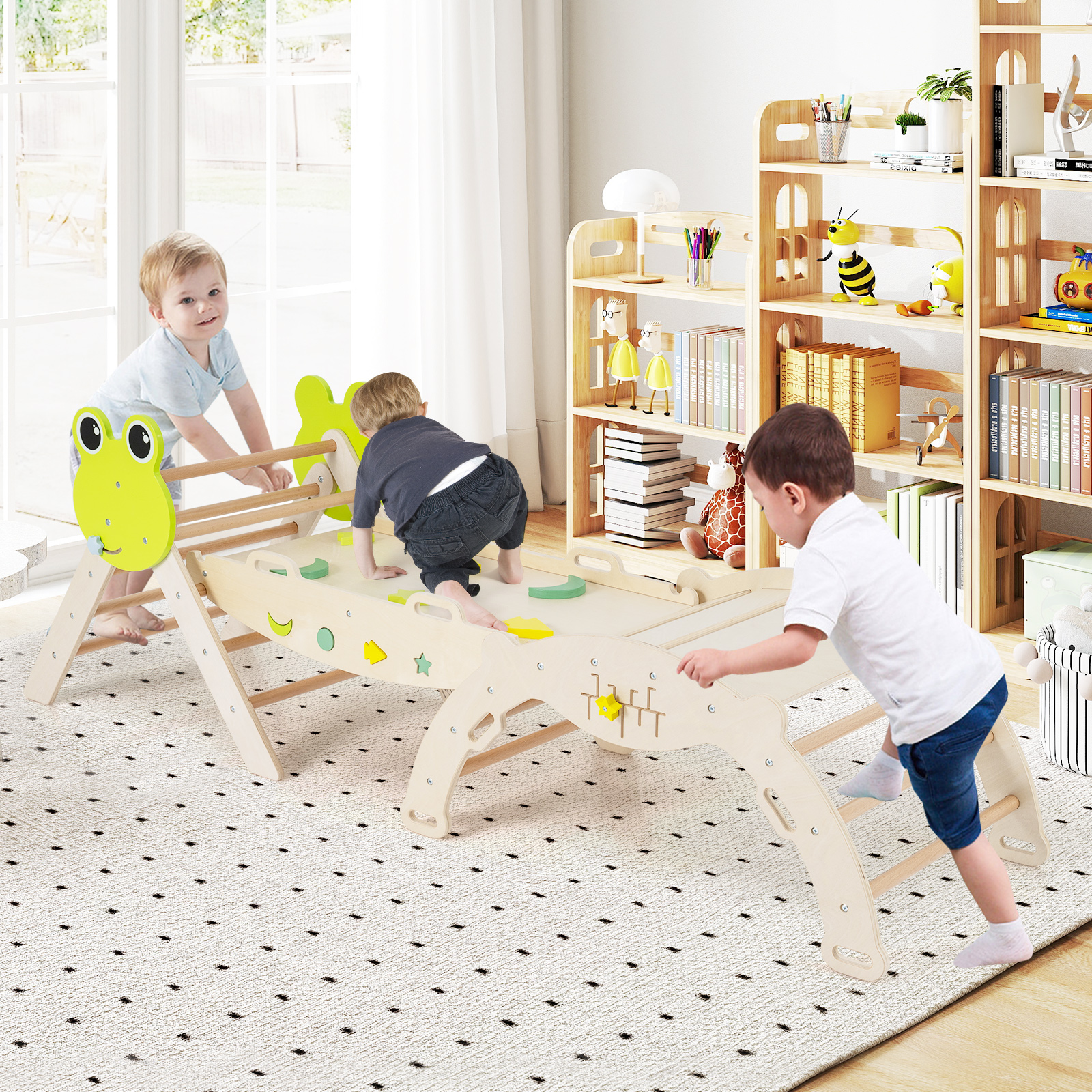 Costway Giochi da arrampicata per bambini con rampa, Set montessori in legno a tema rana con gioco del labirinto Naturale