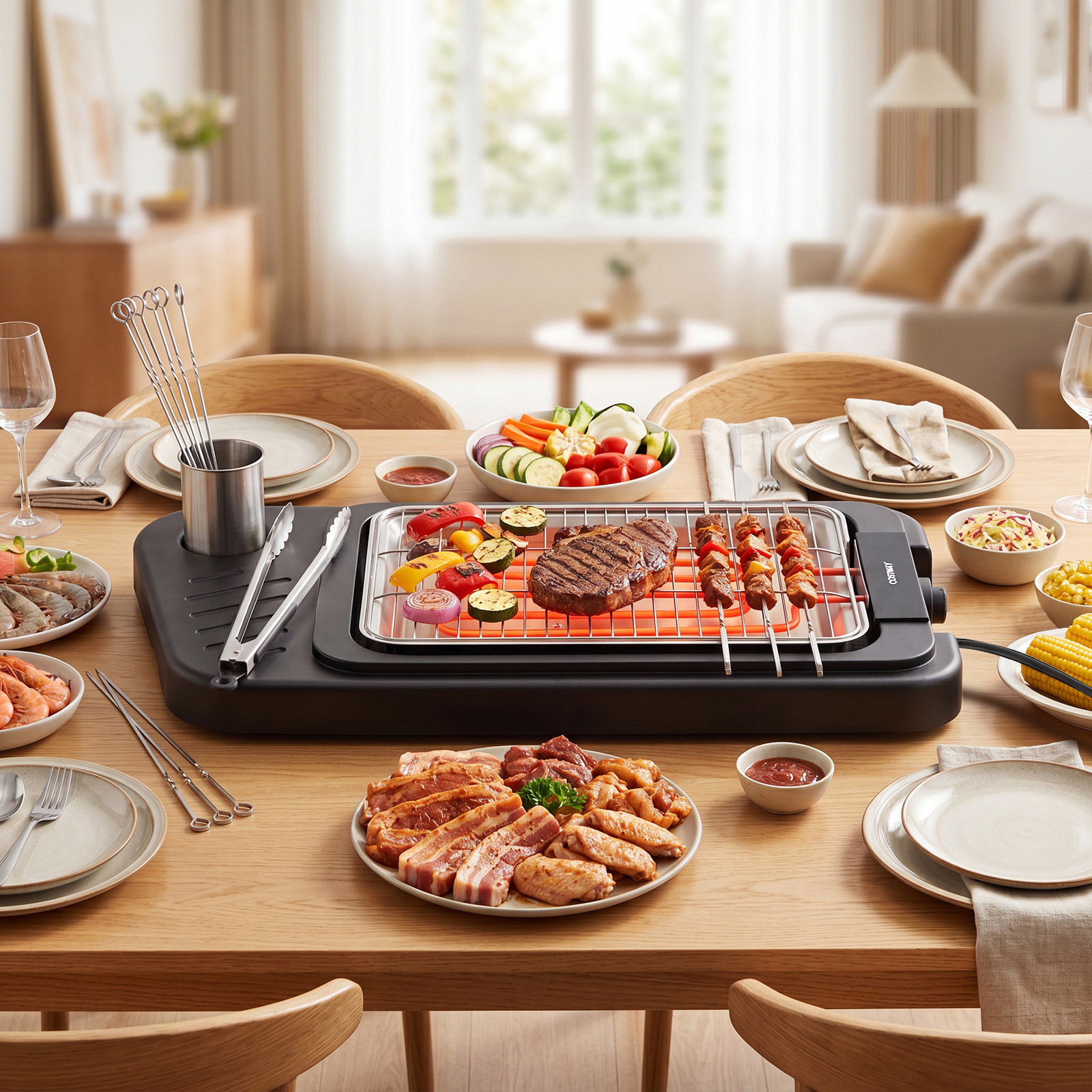 Costway Griglia elettrica da 2000w 2 in 1 barbecue elettrico con supporto piano appoggio doppia piastra e temperatura regolabile, Griglia da tavolo