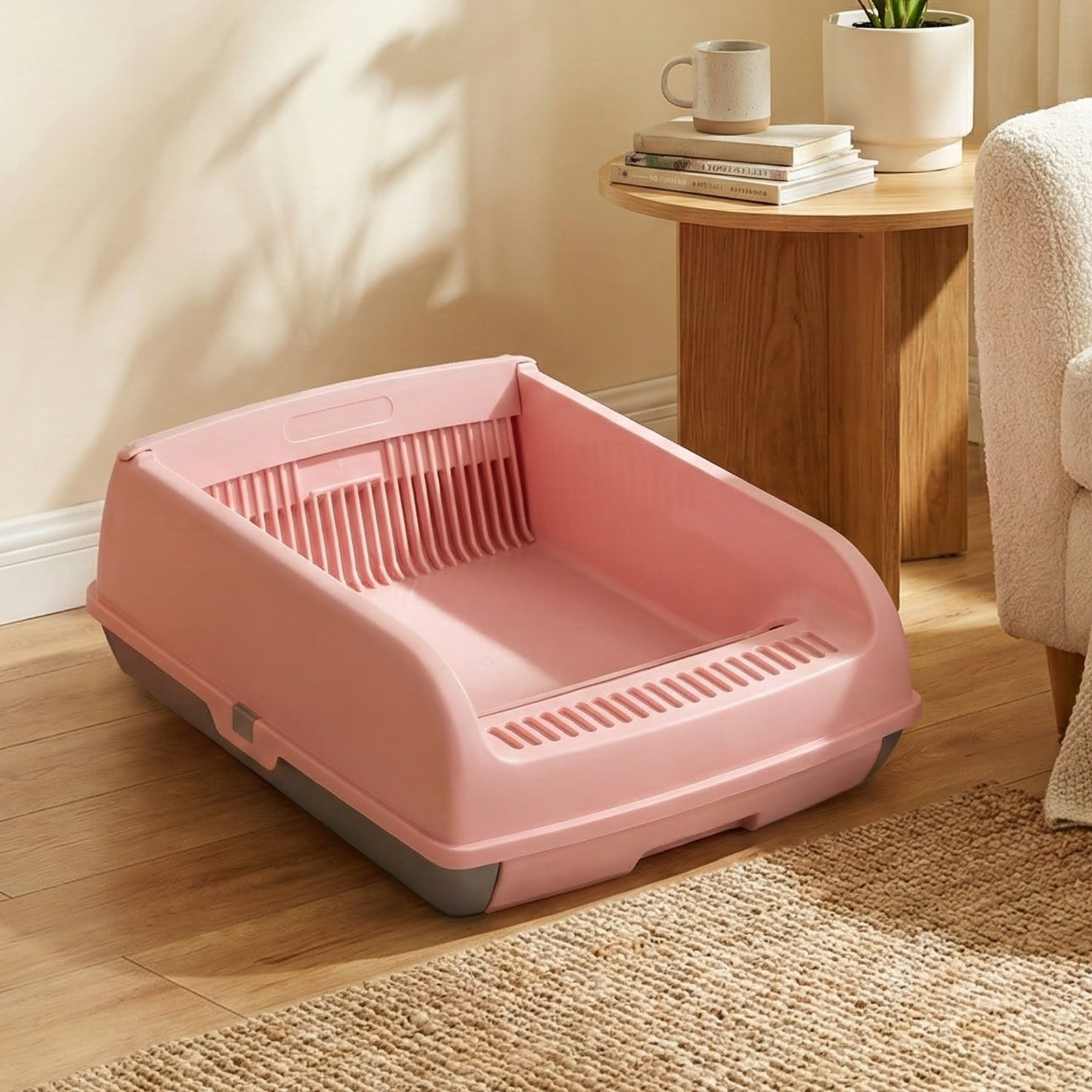 Costway Lettiera per gatti semi-automatica a tetto aperto antischizzo, Toilette con vassoio estraibile paletta pedale filtra sabbia Rosa