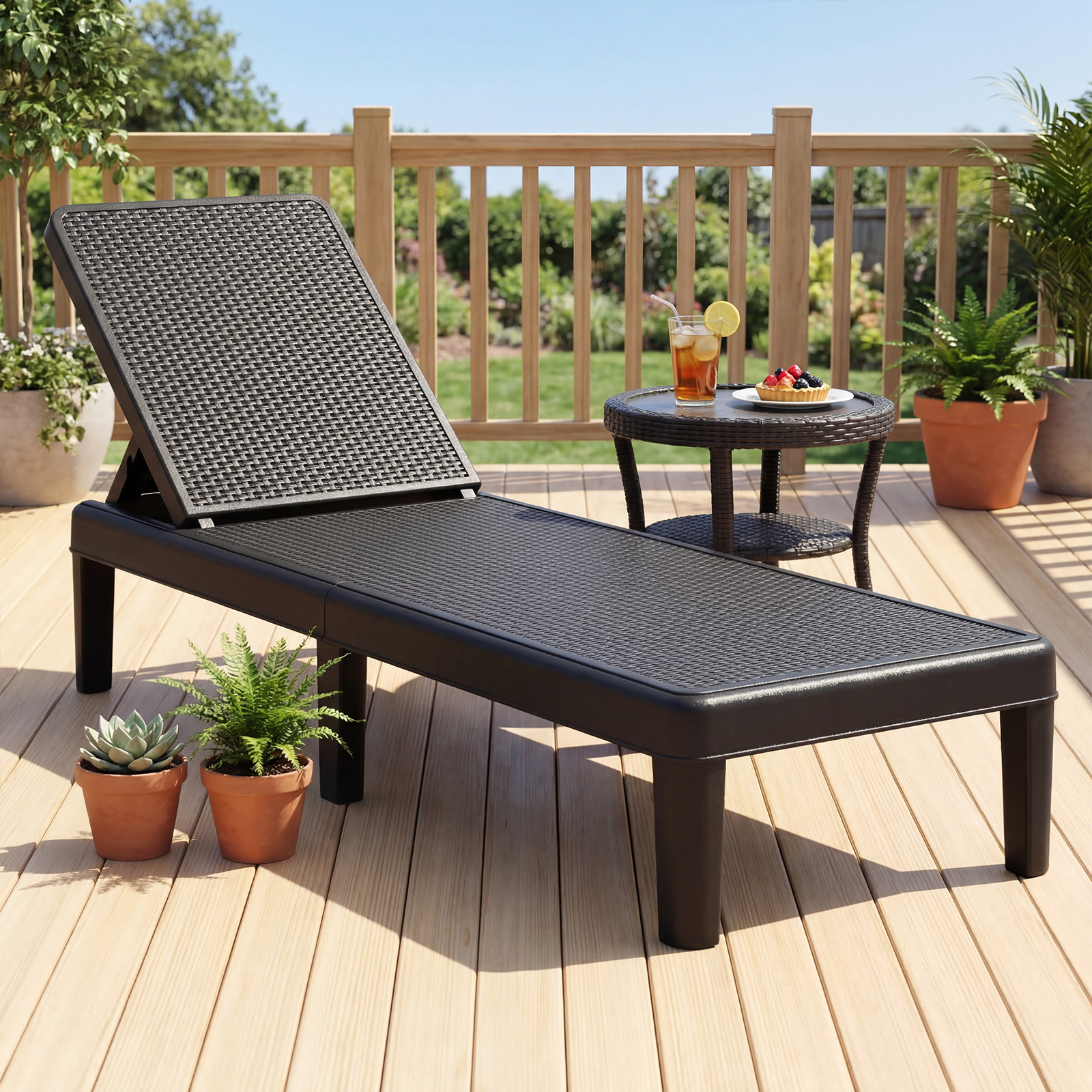 Costway Lettino prendisole da giardino con schienale inclinabile a 4 livelli in pp rattan, Sdraio resistente alle intemperie portata 150 kg Nero