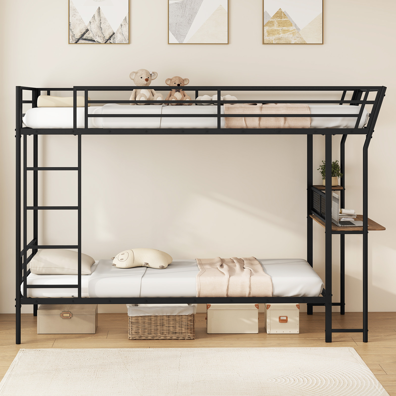 Costway Letto a castello con scrivania struttura in metallo con sponde di sicurezza e scala incluse, Letto loft con postazione di lavoro in legno