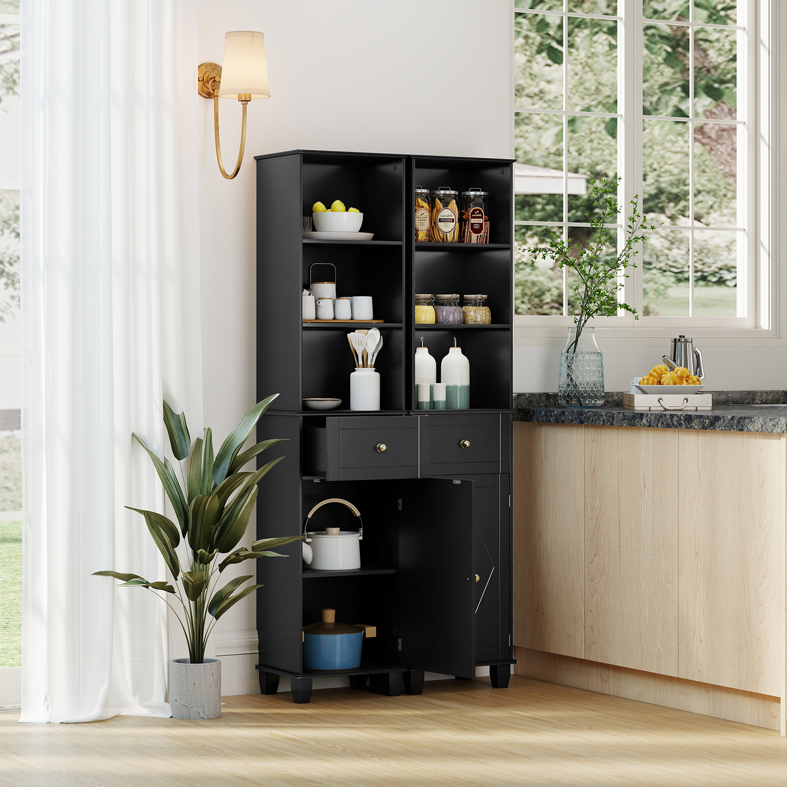 Costway Mobile bagno alto mobiletto stretto da pavimento con 3 ripiani aperti, Mobile unità di stoccaggio indipendente Nero