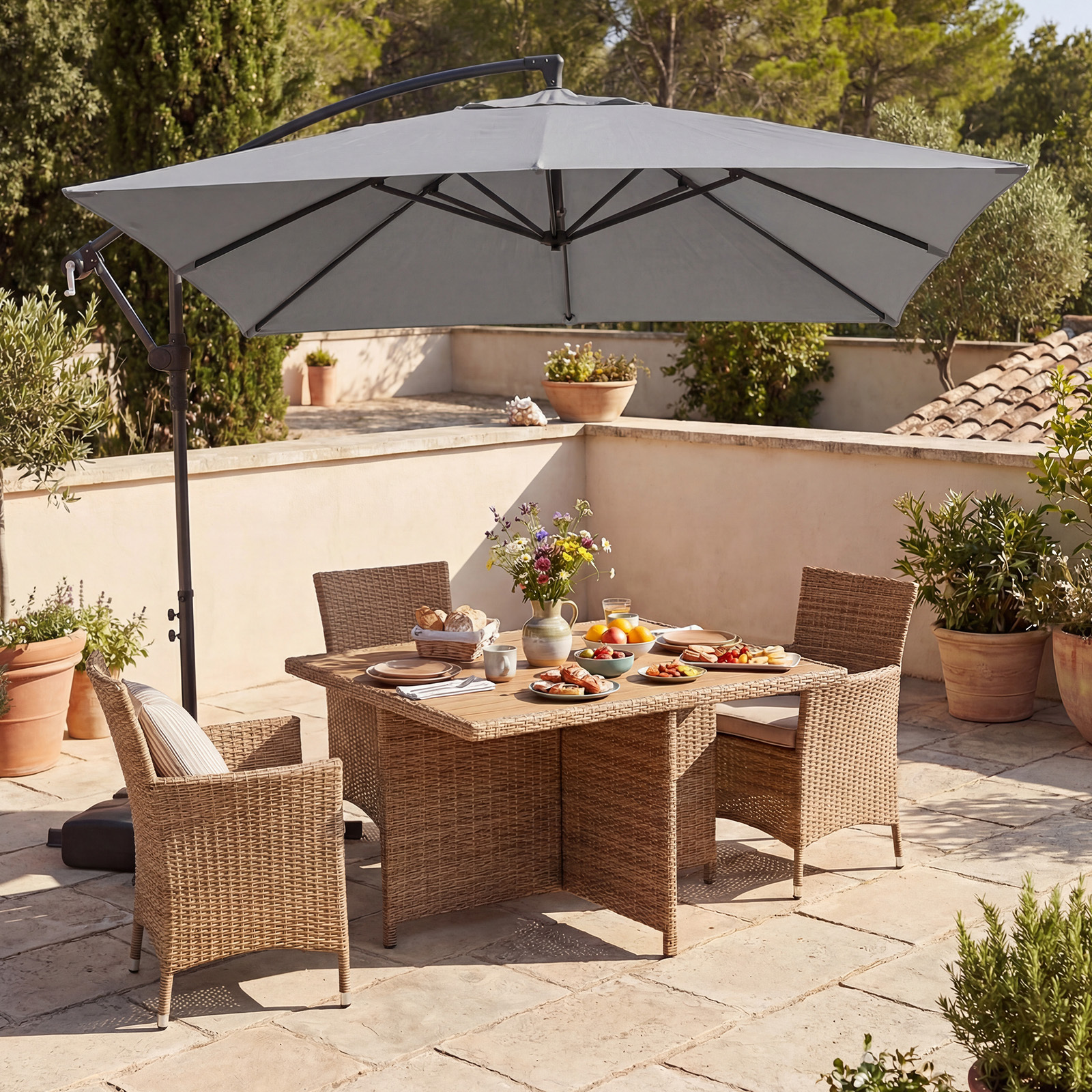 Costway Ombrellone da giardino con 8 stecche e 2 sacchi di sabbia rotazione a 360° sollevamento a manovella, Ombrellone decentrato da esterno Grigio