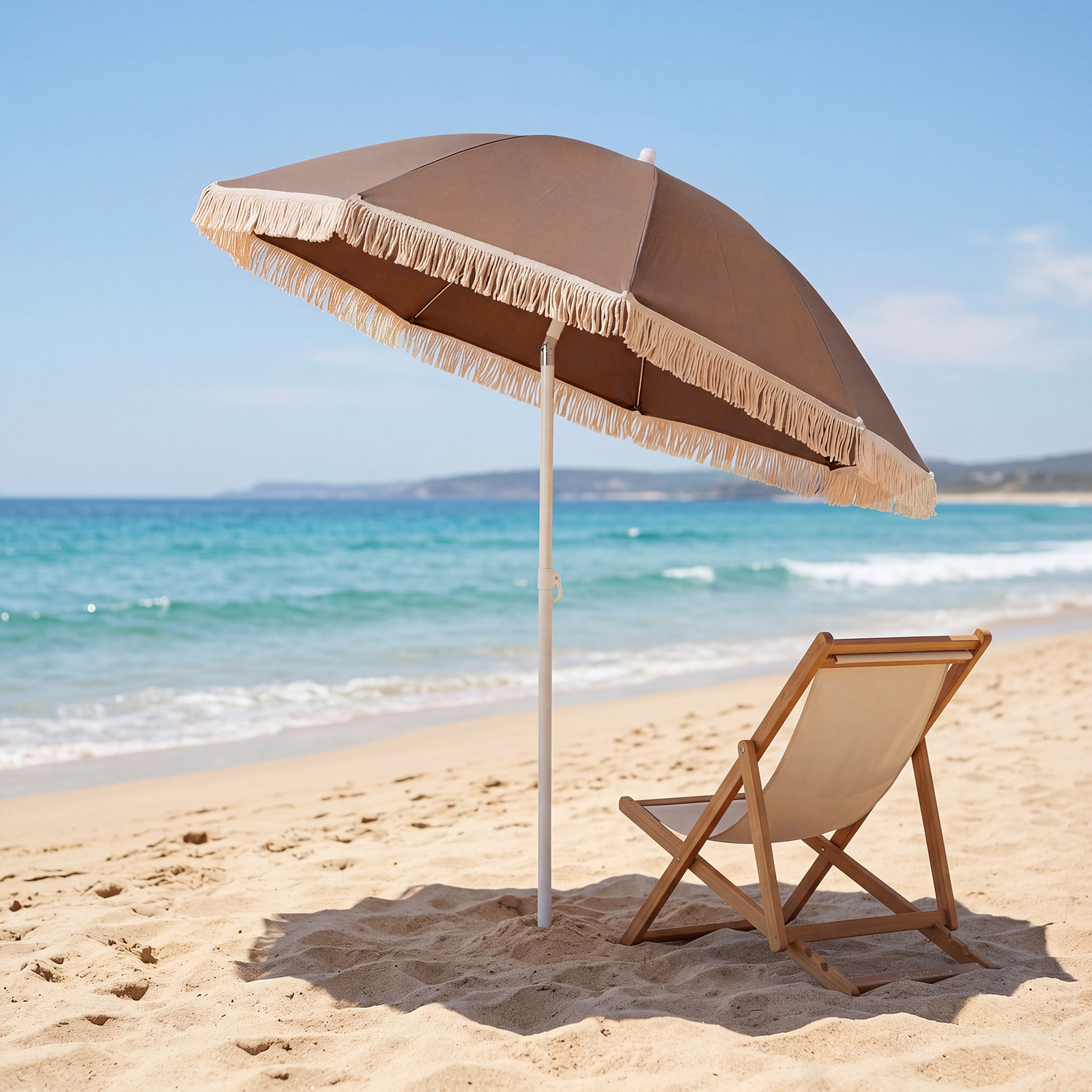 Costway Ombrellone da giardino con frange 16 stecche in metallo inclinazione di 30°, Ombrellone da spiaggia hawaii Marrone