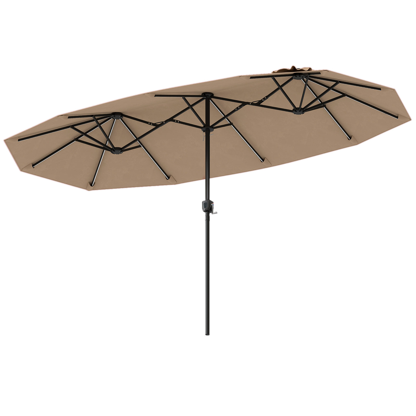 Costway Ombrellone da giardino doppio con luci LED manovella pannello solare 12 stecche metalliche, Ombrellone da esterno Marrone
