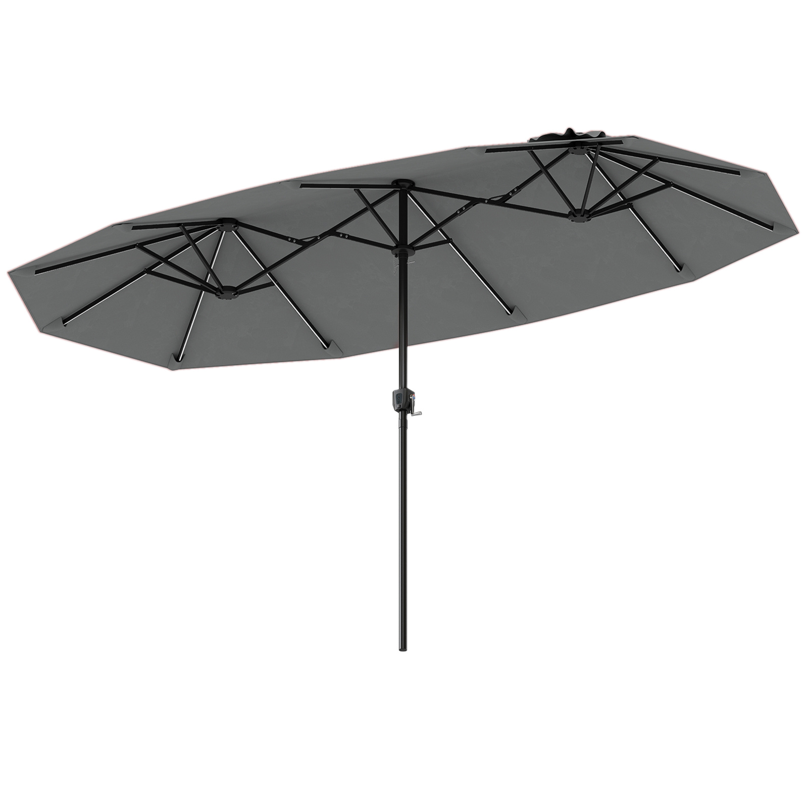 Costway Ombrellone da giardino doppio con luci LED manovella pannello solare 12 stecche metalliche, Ombrellone da esterno Grigio