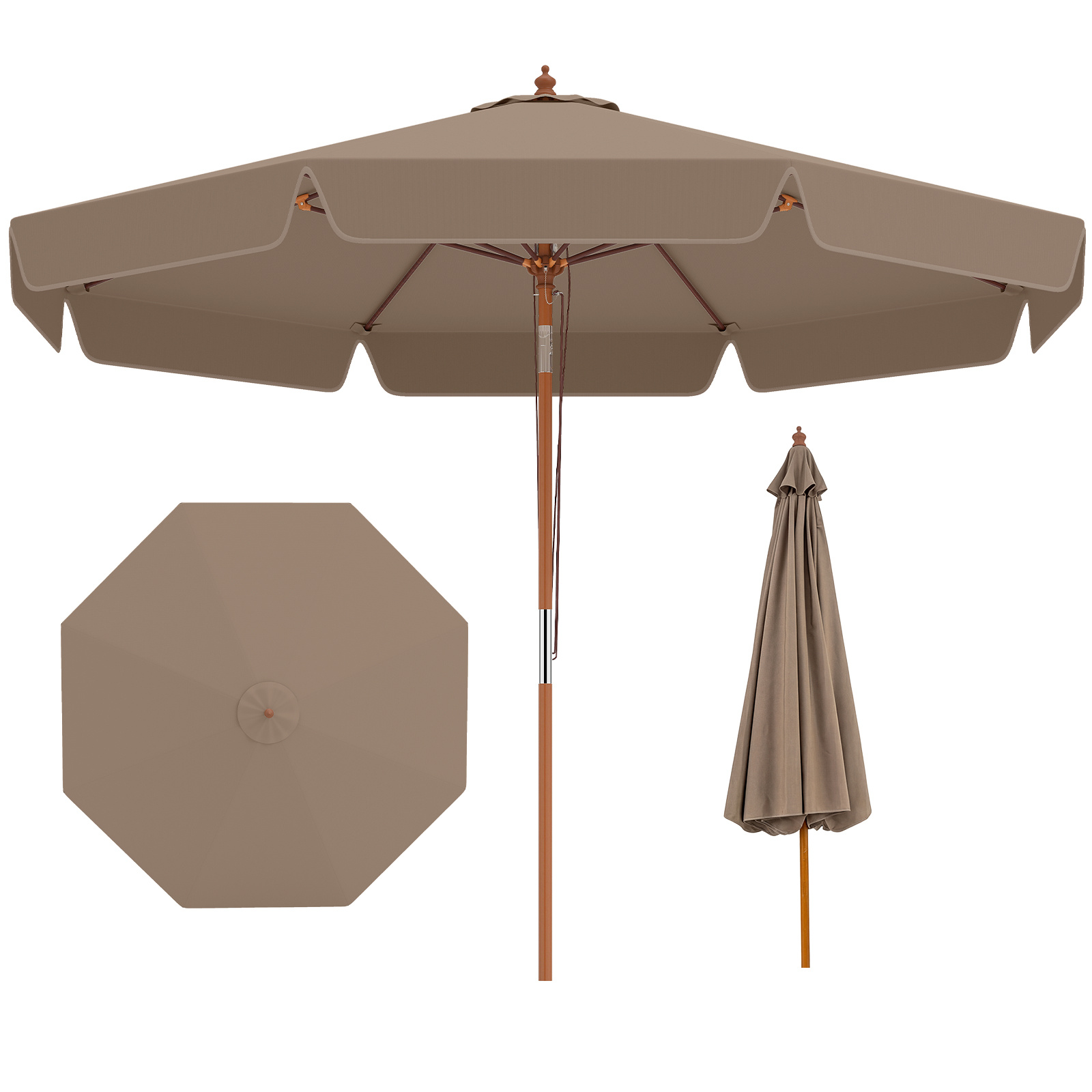 Costway Ombrellone da patio scallopato 300 cm con inclinazione a pulsante 8 stecche, Parasole esterno per giardino spiaggia piscina Khaki