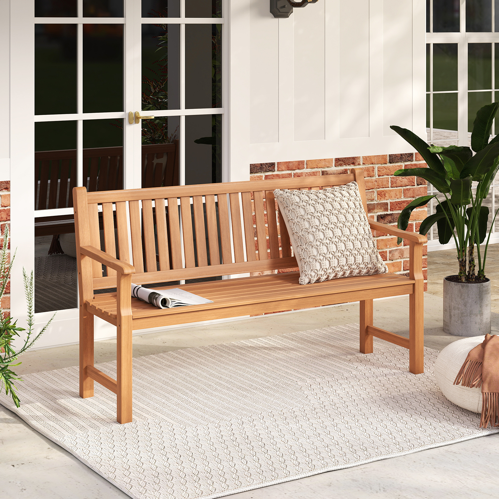 Costway Panchina da giardino con schienale e braccioli di sostegno, Panche di legno massello a 3 posti design ergonomico Giallo