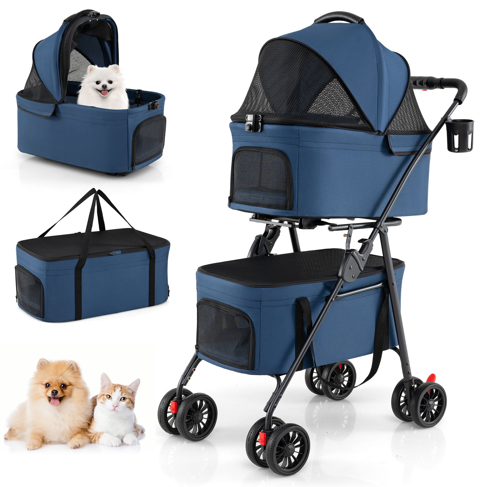 Costway Passeggino doppio 3 in 1 per animali con 2 portapets staccabili e seggiolini auto, Passeggino viaggio per cani gatti con 4 ruote bloccabili