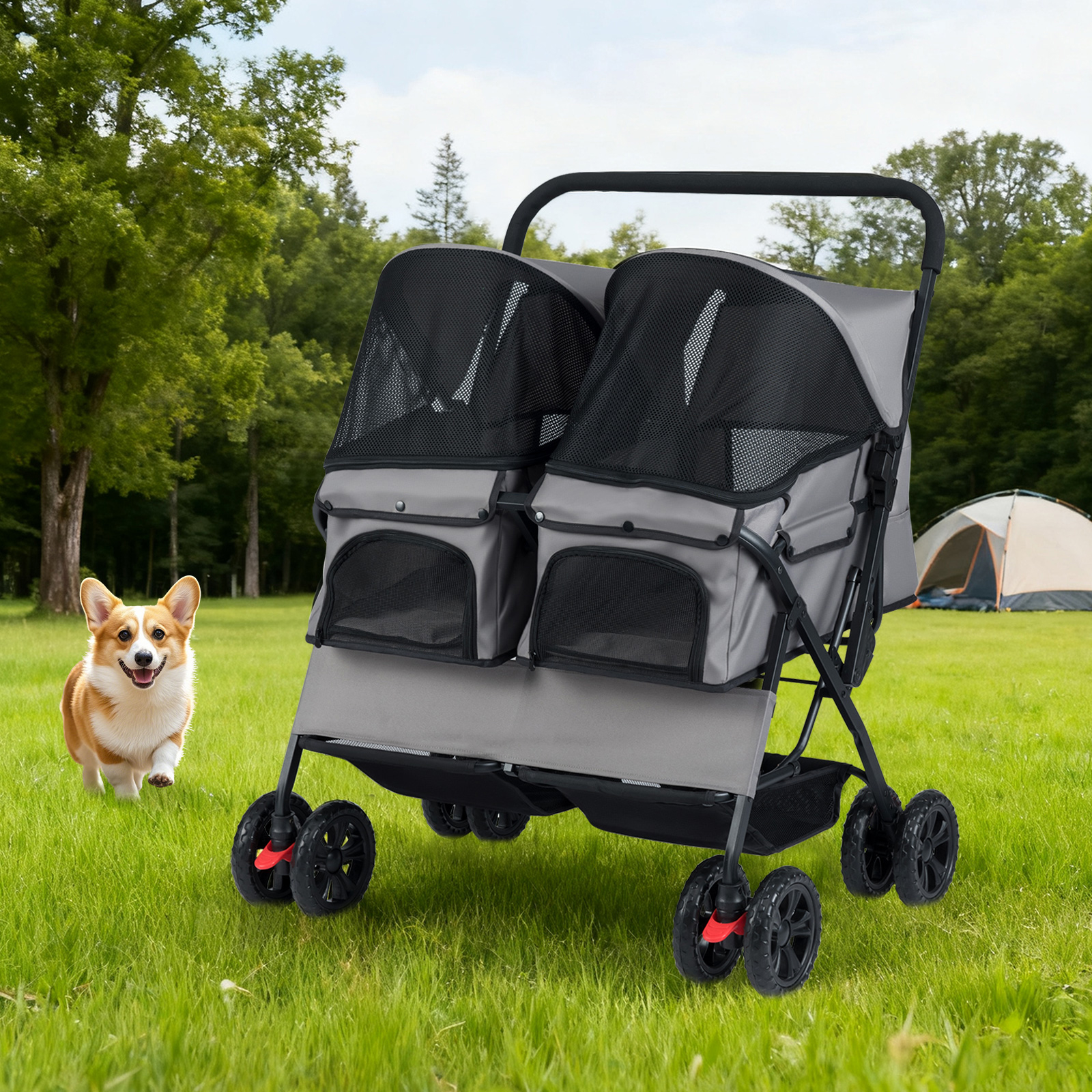 Costway Passeggino doppio animali carrozzina 2 posti tettuccio regolabile, Passeggino doppio animali cuscino sicurezza Grigio